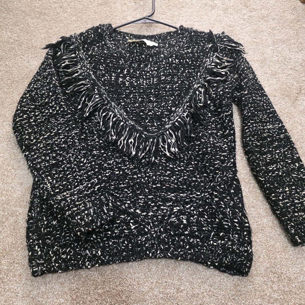 ASTR The Label Women Black White Marled Fringe Knit Boho Western Artsy Sweater